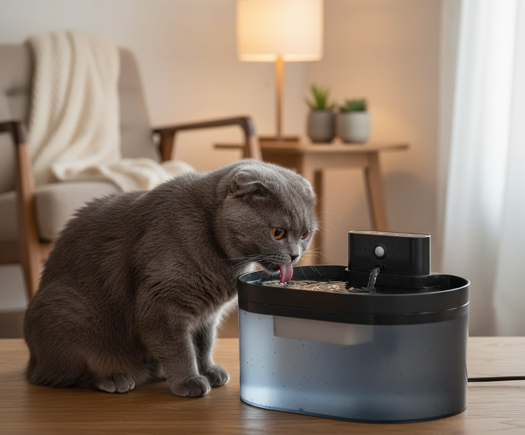 Chat gris Scottish Fold avec la fontaine à eau