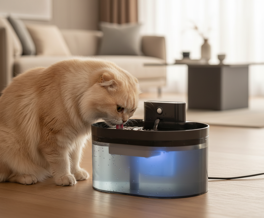 Scottish Fold au pelage épais dans un salon avec fontaine